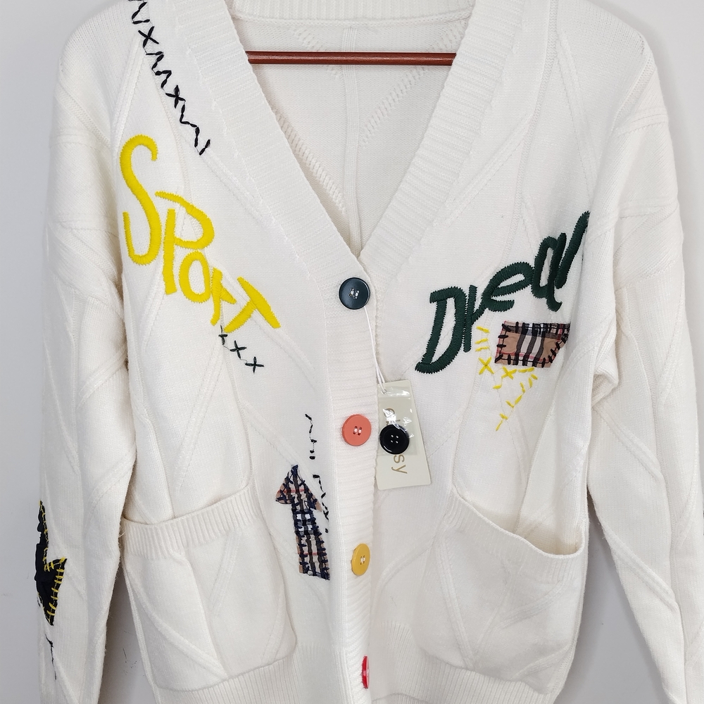 Dream Embroidered Patch Work Button Cream Cardigan Sweater S/M - Picture 8 of 12